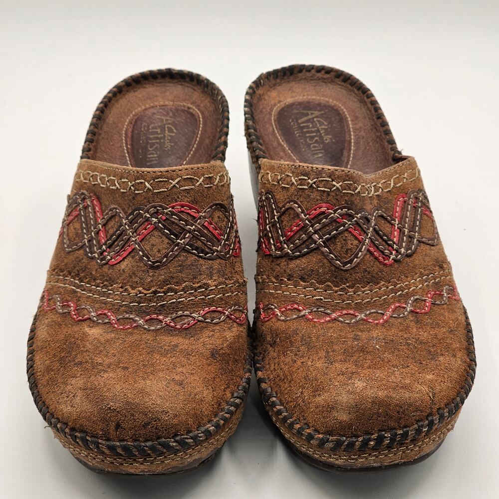 Clarks Artisan Womens 8.5 Distressed Leather Wedge Mule Boho Western Workwear